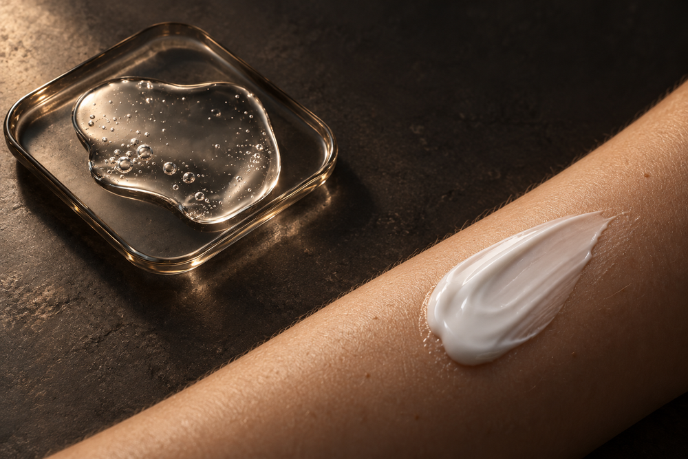 Transparent gel on glass beside white cream on a forearm.
