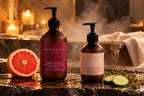 Ruby Vista Hand & Body Wash and Chenille Cloud Body Cream with a cut pink grapefruit in a warm candlelit setting.