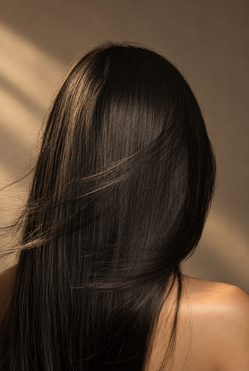 Back view of long dark hair in warm light.