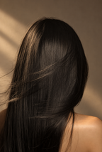 Back view of long dark hair in warm light.