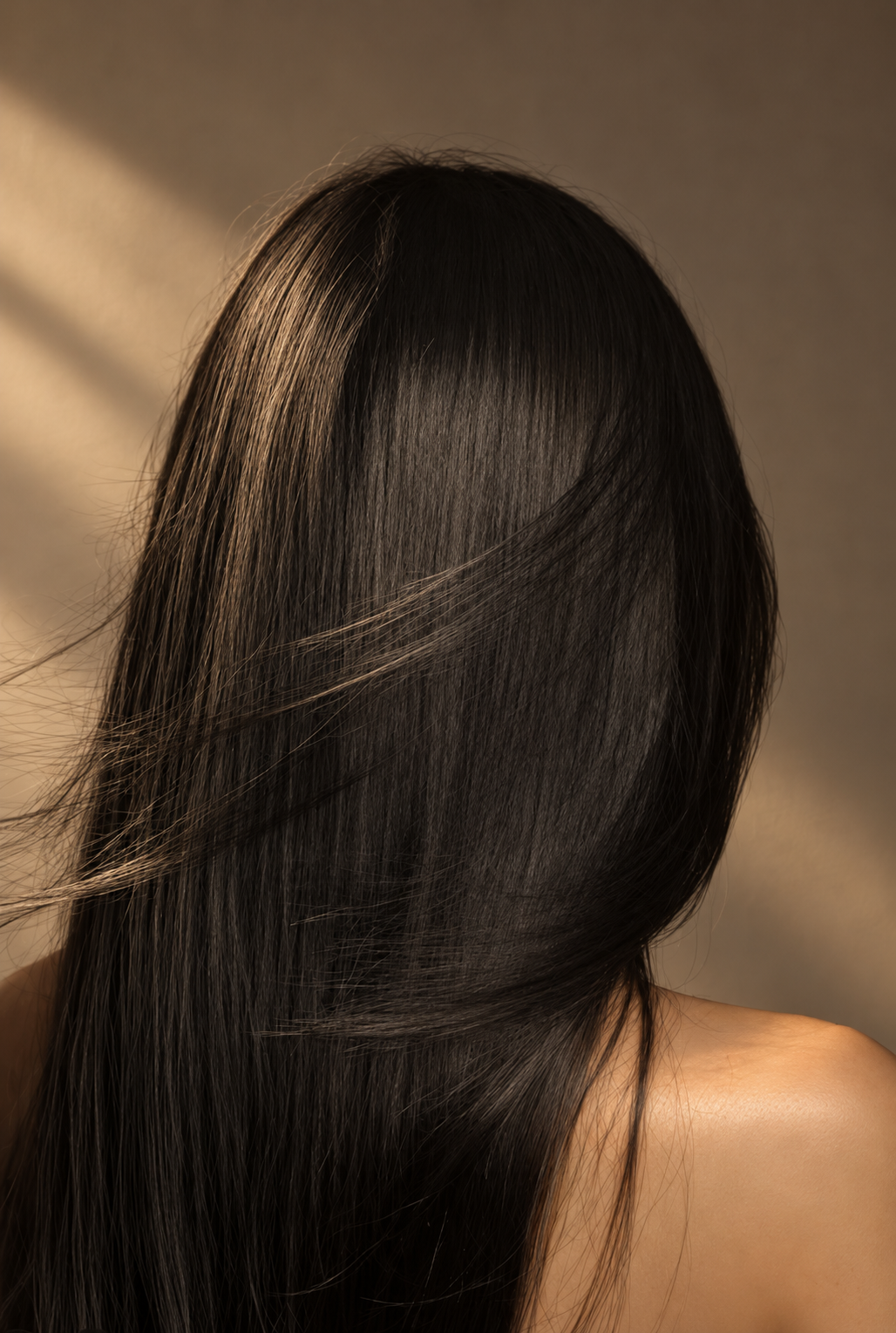 Back view of long dark hair in warm light.