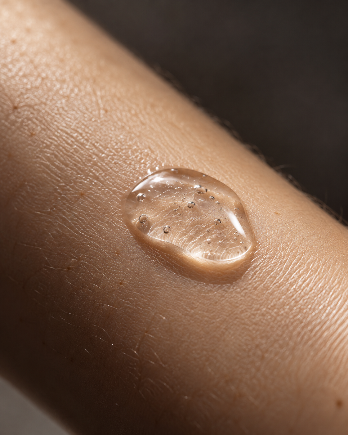 Clear gel droplet on forearm skin.