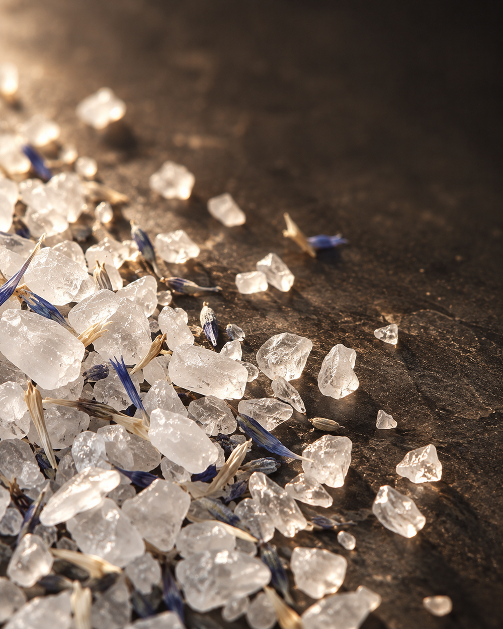 White mineral salt crystals and dried botanical fragments on dark stone.
