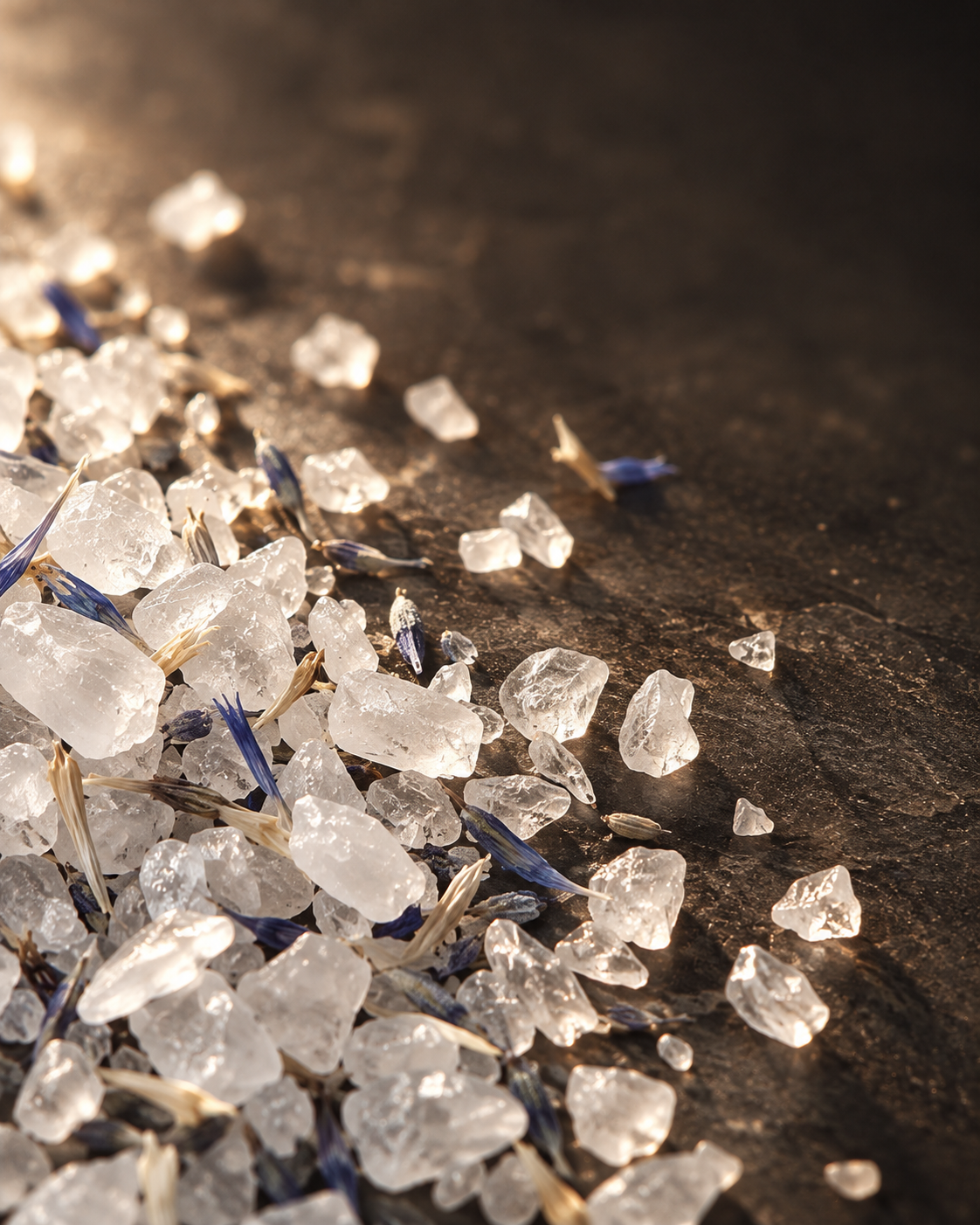White mineral salt crystals and dried botanical fragments on dark stone.