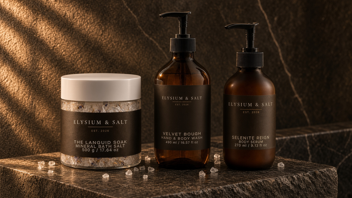 The Languid Soak mineral bath salt, Velvet Bough hand and body wash, and Selenite Reign body serum on dark stone.