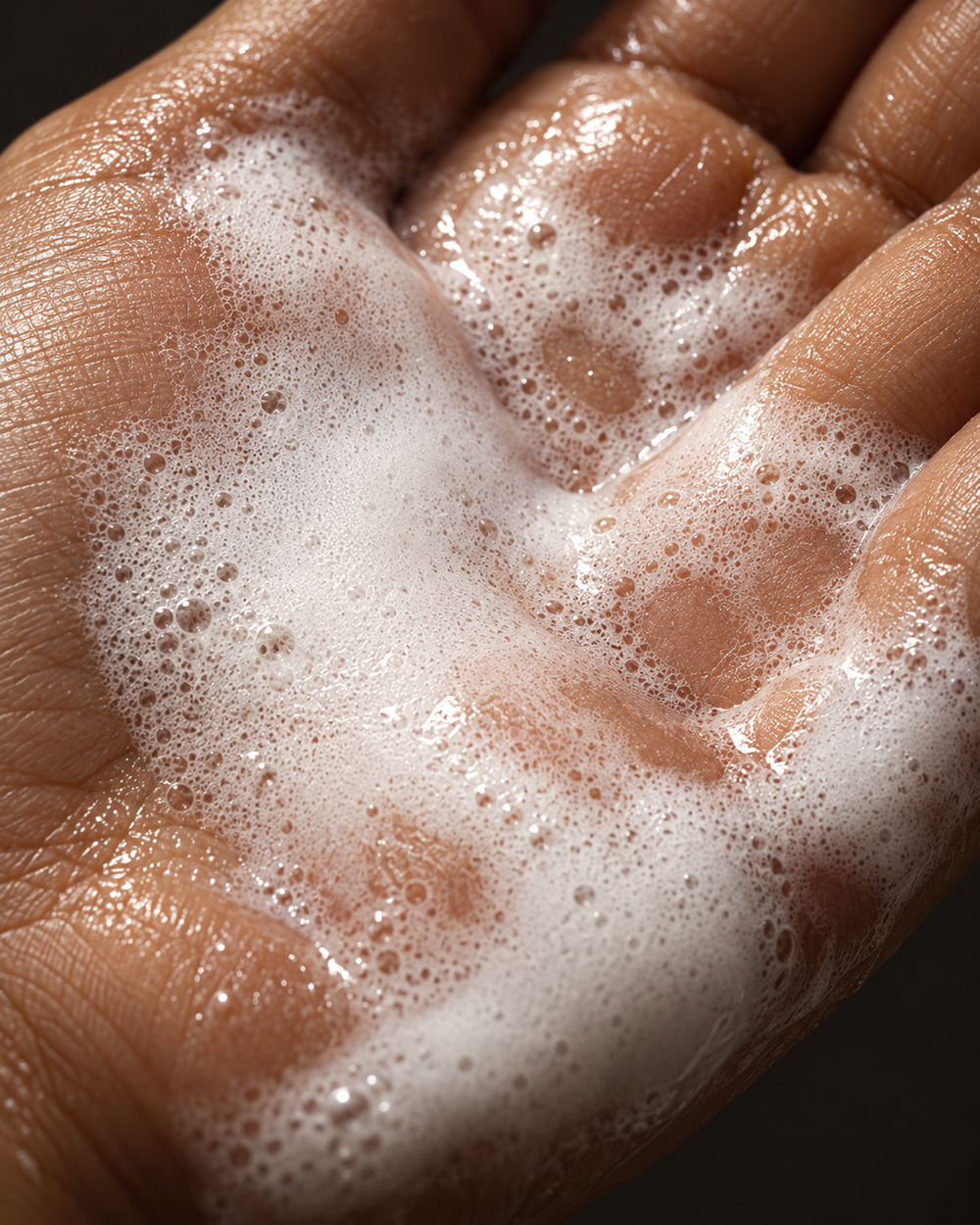 White lather across a wet palm.