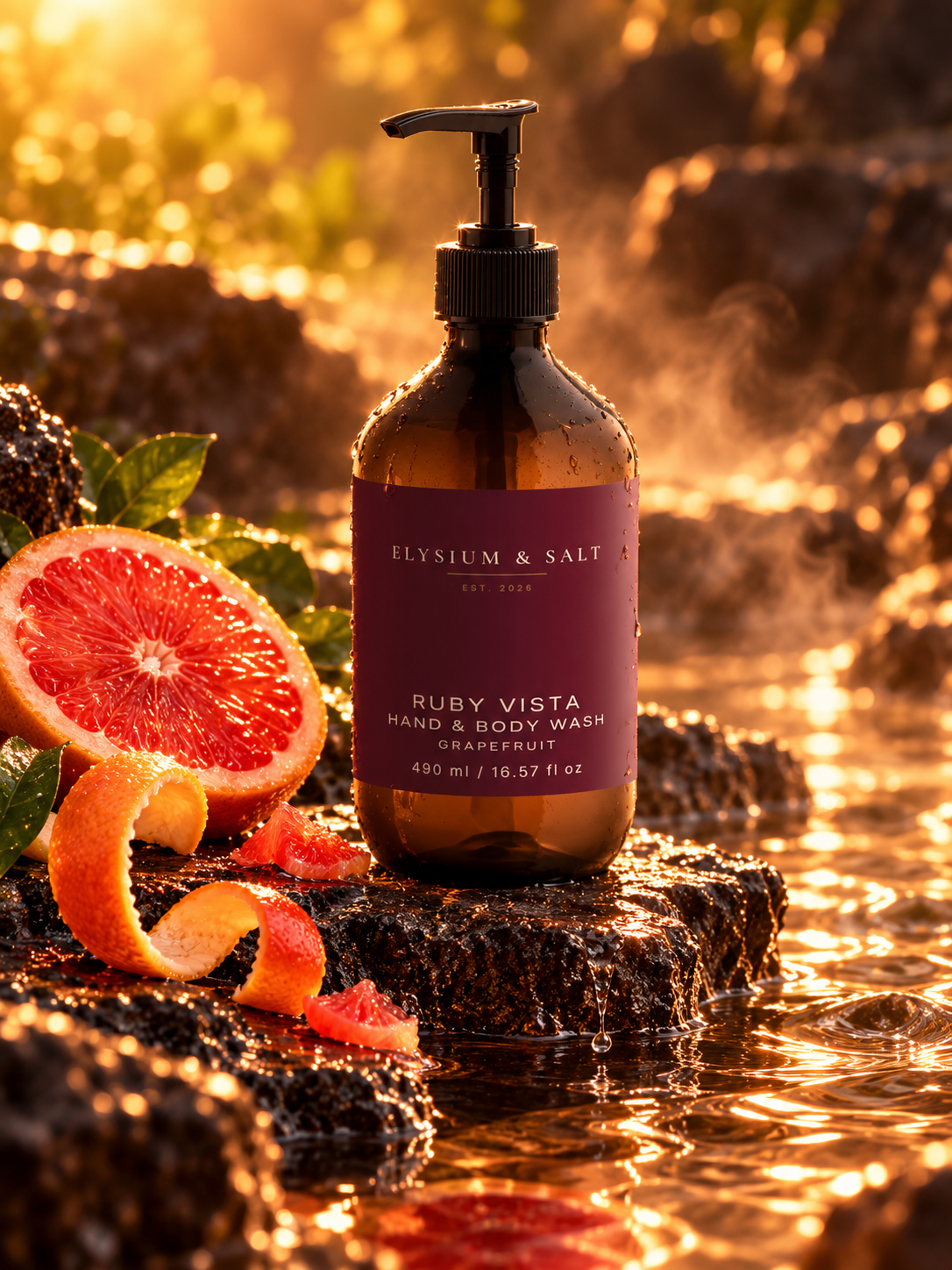 Styled render of Ruby Vista grapefruit hand and body wash with citrus-inspired scenery.