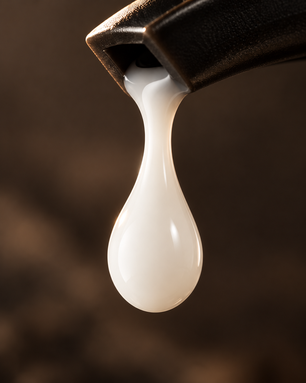 Milky-white serum drop suspended from a black pump nozzle.