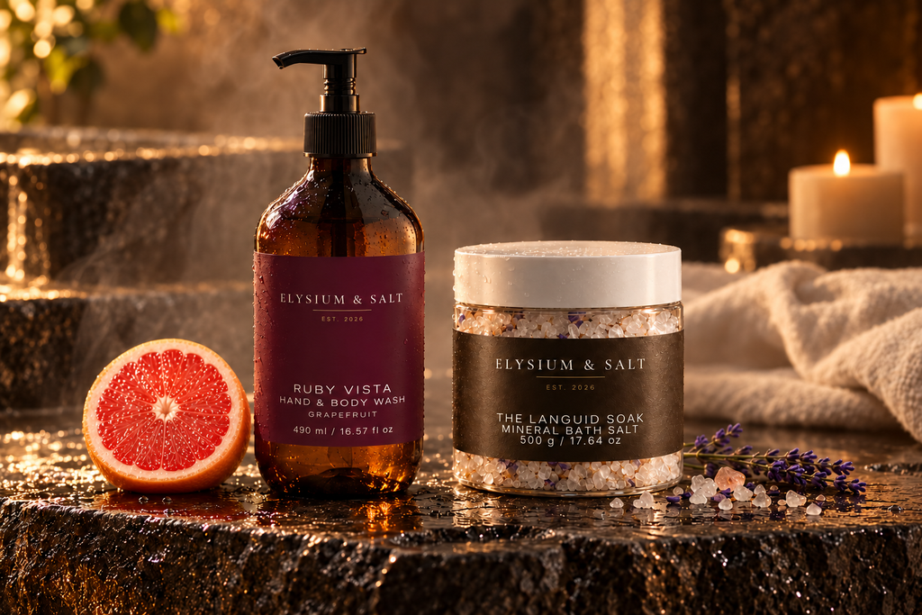 Ruby Vista Hand & Body Wash and The Languid Soak Mineral Bath Salt with a cut pink grapefruit in a candlelit bathroom setting.