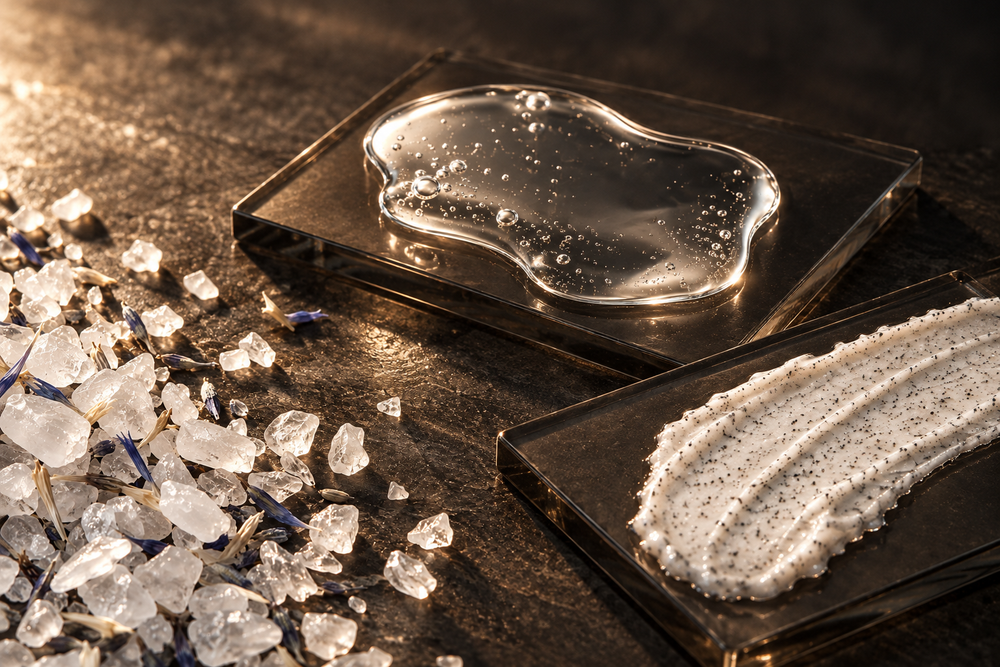 Salt crystals, clear gel and grain-bearing scrub on separate surfaces.