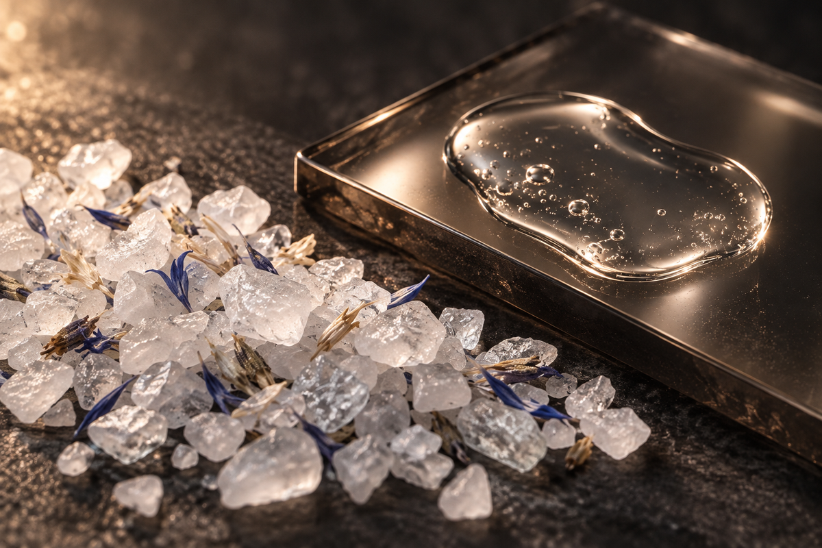 Dry mineral salt crystals and transparent gel on separate surfaces.