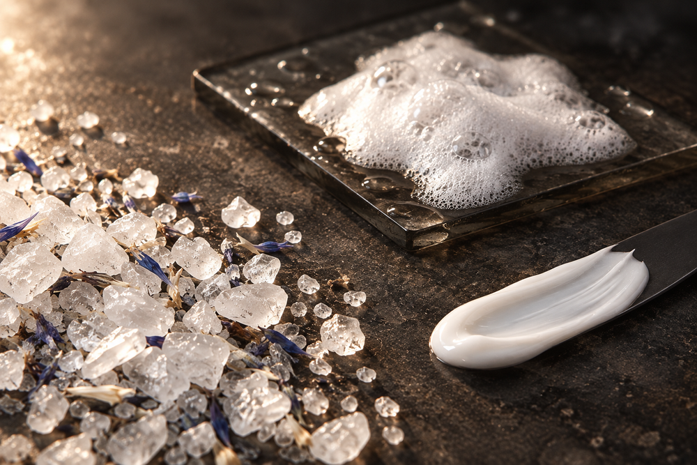Salt crystals, white lather and milky serum on separate surfaces.