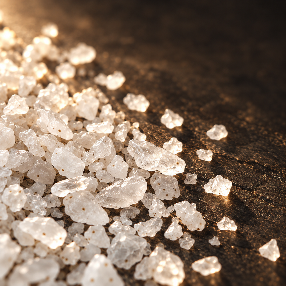 Illustration of lentitude soak white mineral salt crystals with tiny brown specks on dark stone