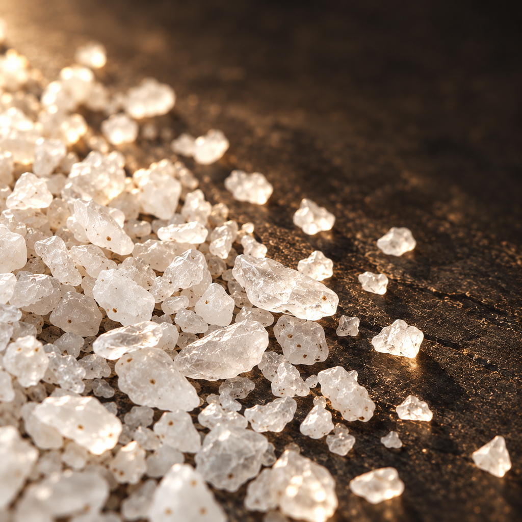 AI-styled illustration of Lentitude Soak white mineral salt crystals with tiny brown specks on dark stone